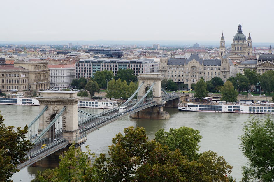 A panoramic view of a cityscape featuring a prominent suspension bridge crossing a wide river, with large stone towers supporting the bridge structure. The bridge is busy with vehicles, including a white bus, and has steel cables extending from the towers to the roadway. On the river, multiple white passenger or sightseeing boats are moored along the bank. In the background, there are historic and modern buildings, including a large ornate structure with turreted roofs and spires, which appear to be part of a government or historic complex. The scene is set during daylight with overcast skies, and lush green trees in the foreground partially frame the lower part of the image, adding natural contrast to the urban environment. The overall scene depicts a bustling city area with a mix of transportation and architectural elements, indicative of an active, developed centre that may utilize private or independent waste collection services such as Waste Collection Kennington for maintaining cleanliness and waste management infrastructure.