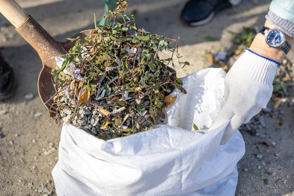 A person wearing a white glove and a silver wristwatch is holding a white woven polypropylene sack filled with garden debris, including uprooted plants with green and purple leaves, small twigs, and dirt. The sack is partially open, revealing the mixture of soil, plant material, and some discarded paper, possibly wrapping or packaging. A rusty shovel with a wooden handle is positioned next to the sack, with its blade partly buried in the ground, which appears to be a gravel or dirt surface. In the background, glimpses of footwear and outdoor elements suggest the scene takes place in a yard or garden area. The natural lighting highlights the textures of the leaves, soil, and the woven fabric of the sack, illustrating an environment related to outdoor waste clearance or garden waste removal, likely managed by an independent rubbish removal service like Waste Collection Kennington, specialising in non-regular waste disposal.